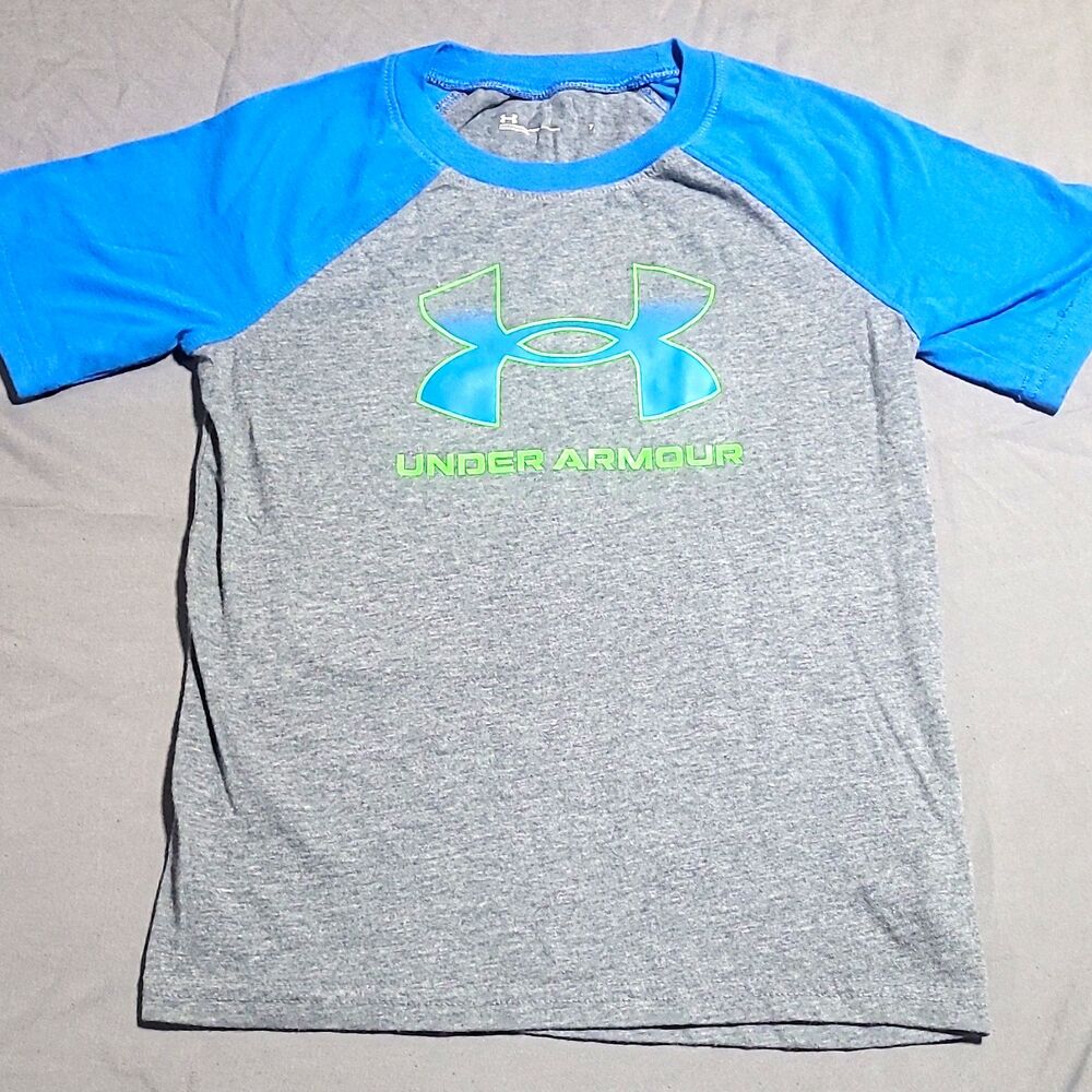 Under Armour Boys Size 7 Gray Blue Green Raglan Short Sleeve Logo T-Shirt